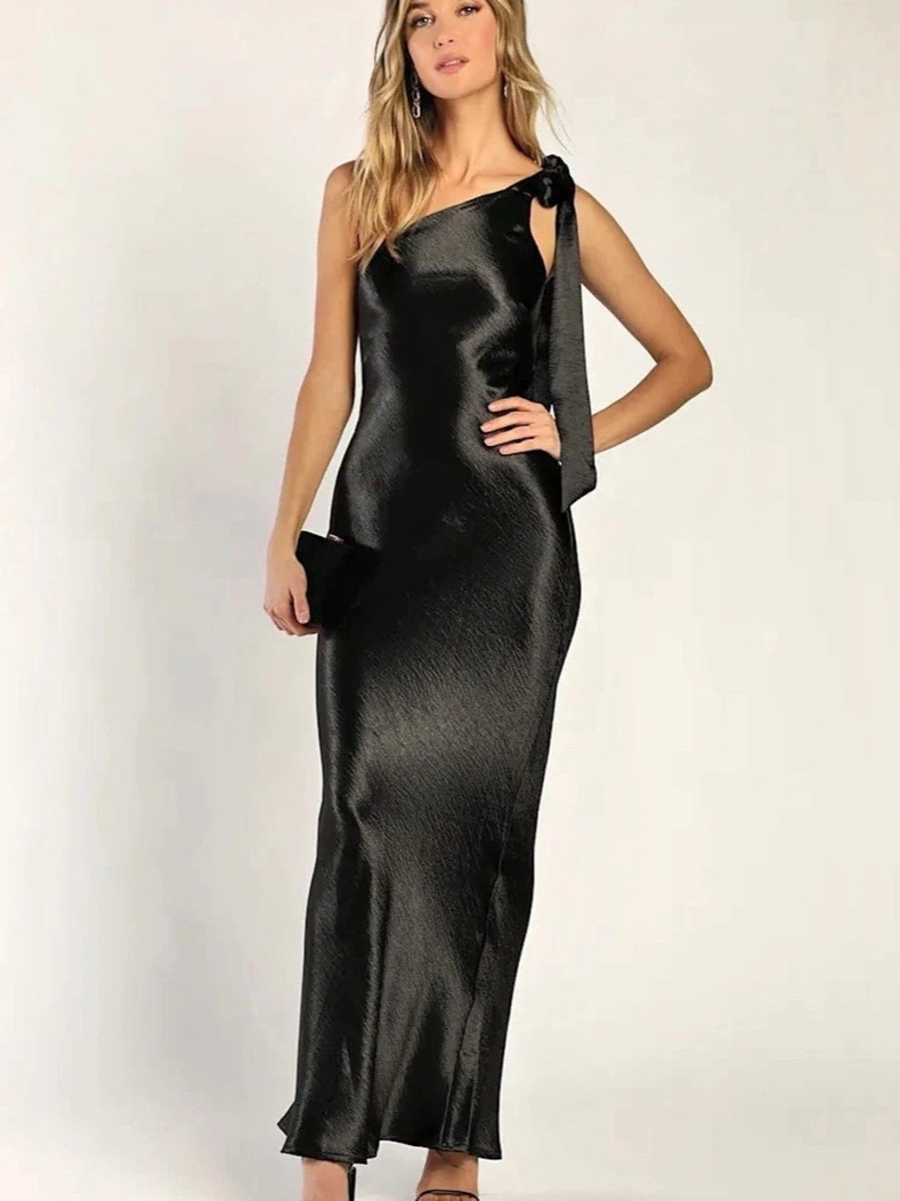 Lulus Lavish Looks Black Satin One-Shoulder Tie-Strap Maxi Dress Maxi Dress